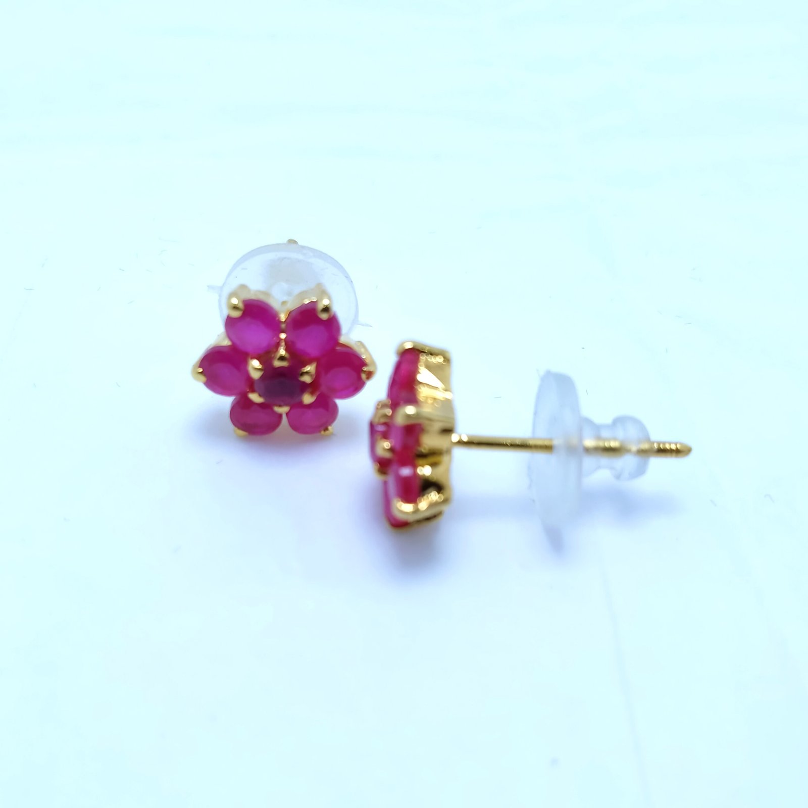 Flower Studs with Feroza, Emerald, Ruby ,Pearls Stones. (925 Silver) - Image 5