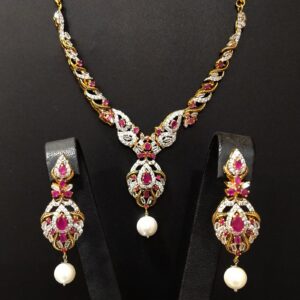 Gold Plated party wear Necklace Set With Ruby and zircons. 925 Silver