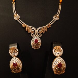 Gold Plated Necklace Set With Ruby and Coffee Zircons.925 Silver