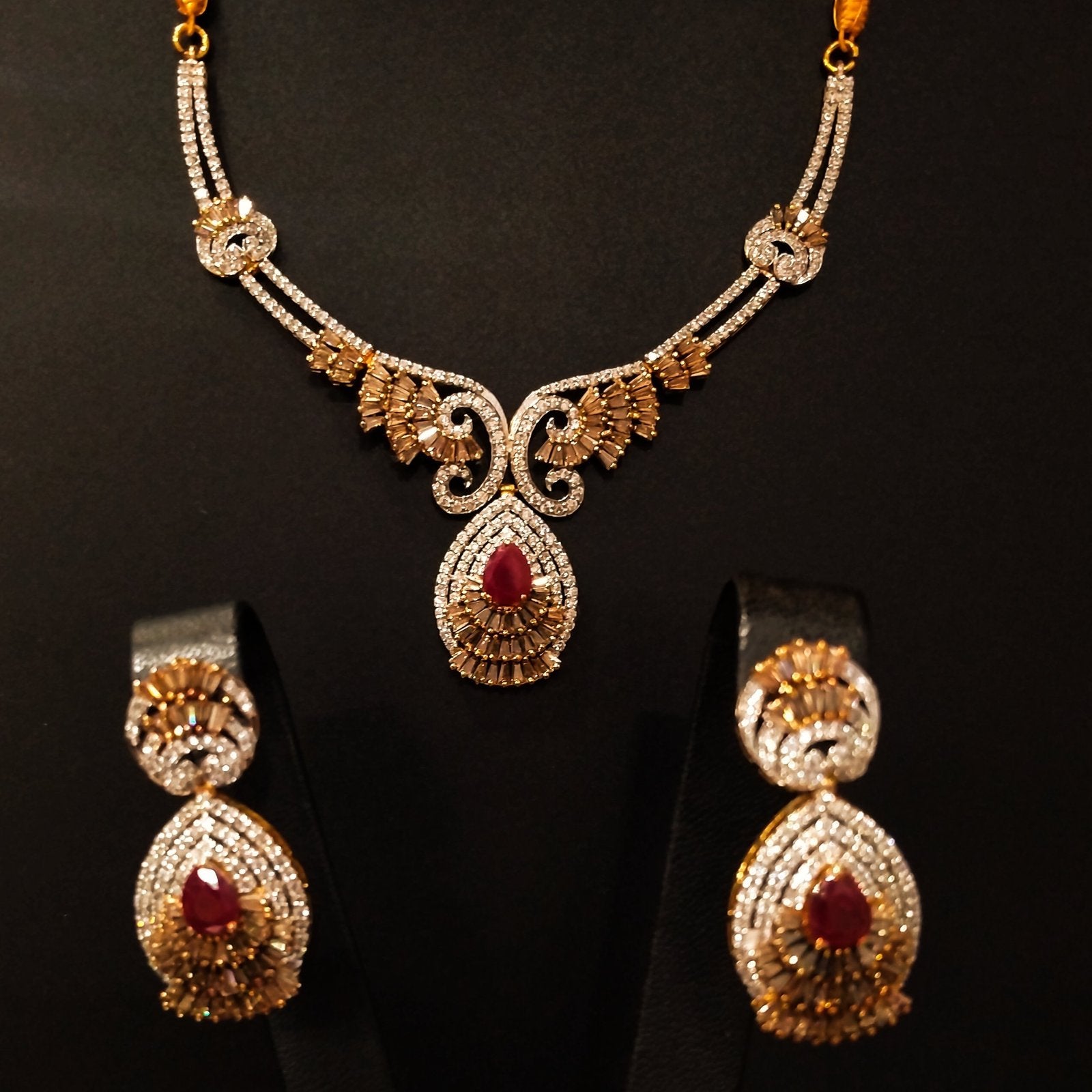 Gold Plated Necklace Set With Ruby and Coffee Zircons.925 Silver