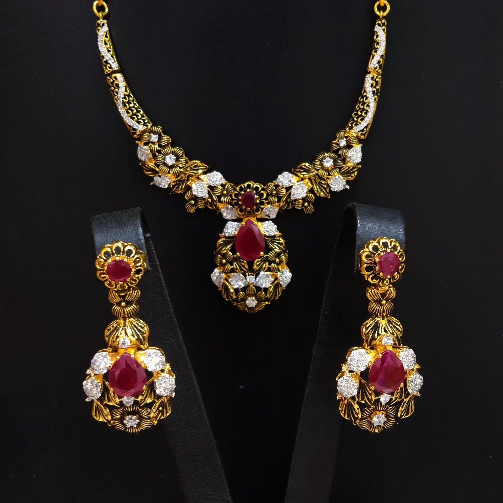 Gold Plated Necklace Set With Synthetic Ruby & Zircons Antique polish.