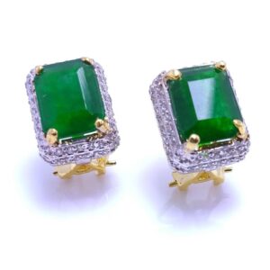 Gold Plated Ear Studs with American Zircons and Double Jade Stone. (925 Silver)