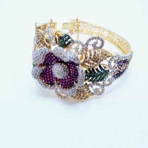 Gold Plated 3d Design with Multi Colored Zircons. (925 Silver)