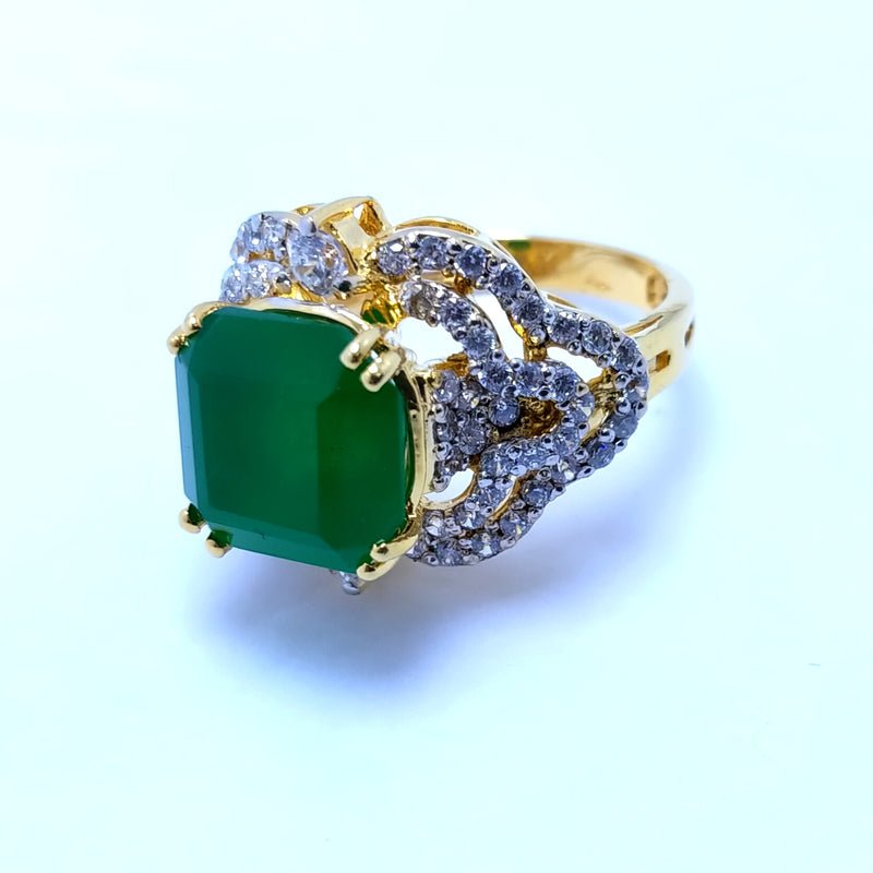 Ring Green Jade & Zircons Gold Plated.