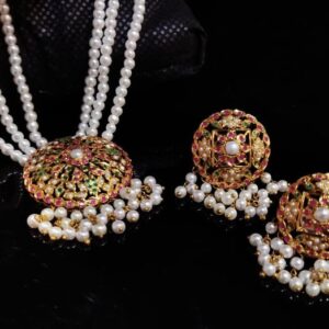 Gold Plated Jewelry Pendant Set 3 Colors of Stone with 3 Lines of Pearls Strings. (925 Silver)