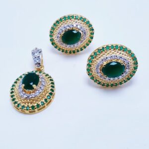 Gold Plated Jewelry Pendant Set with Green Onex and Zircons. (925 Silver)
