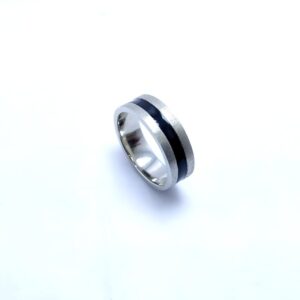 Hand Made Fancy Men"s Ring with Black Meena and White Gold Plated. (925 Silver)