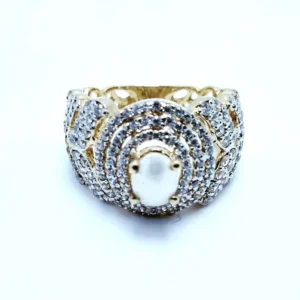 Silver Ring with Real Pearl and Zircons 24kt Gold Plated. (925 Silver)