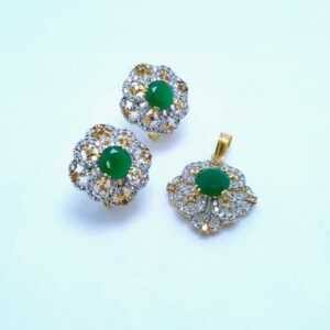 Pendant Set Green Onyx With American Zircons 925 Silver With Gold Plated.