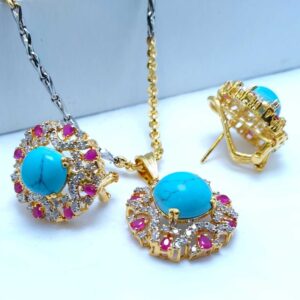 Silver Pendant Set with Feroza Chetum and Zircons 24kt Gold plated